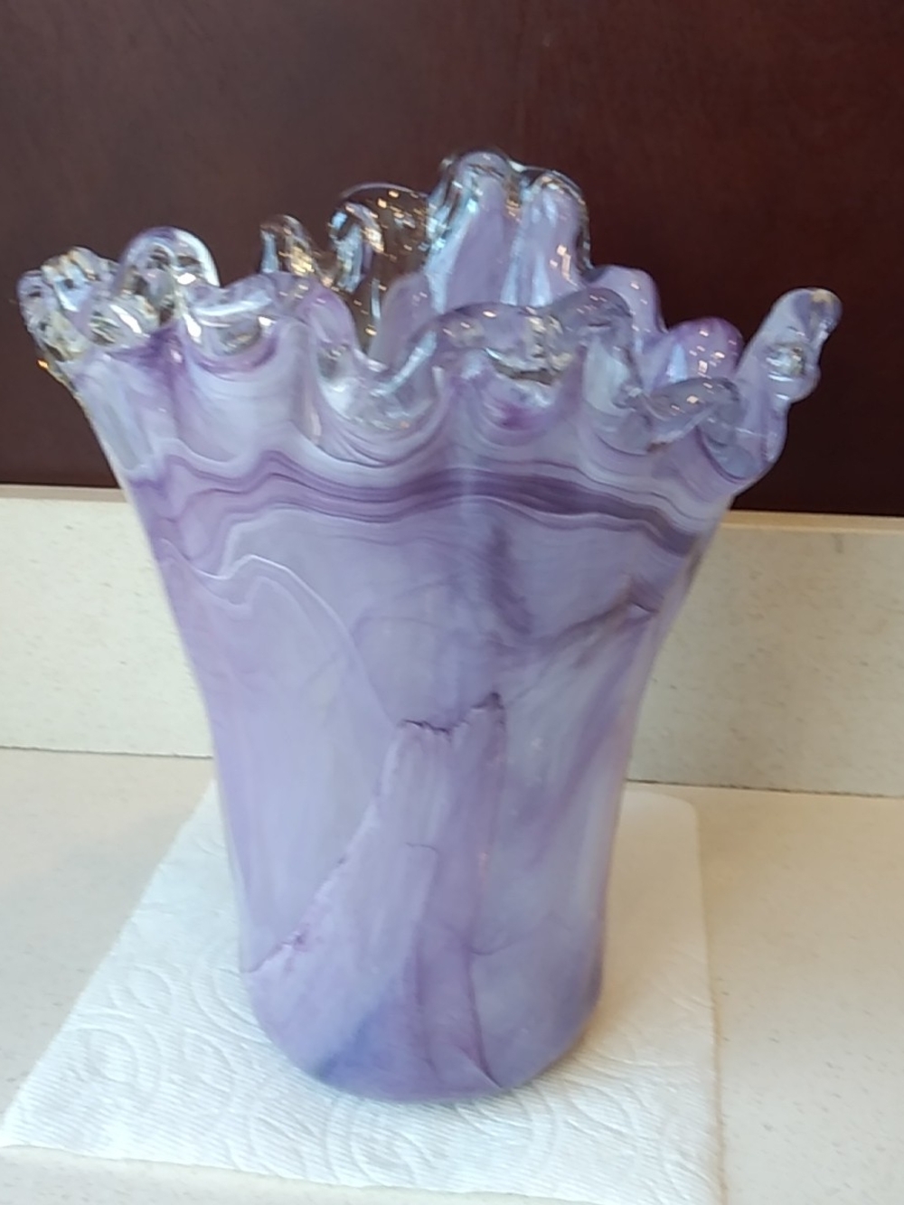 Lavender Hand-Blown Ruffled Art Glass Vase